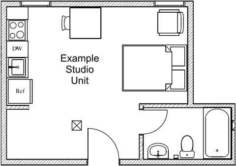 Floor plan for studio, 1 bath, 303 sqft